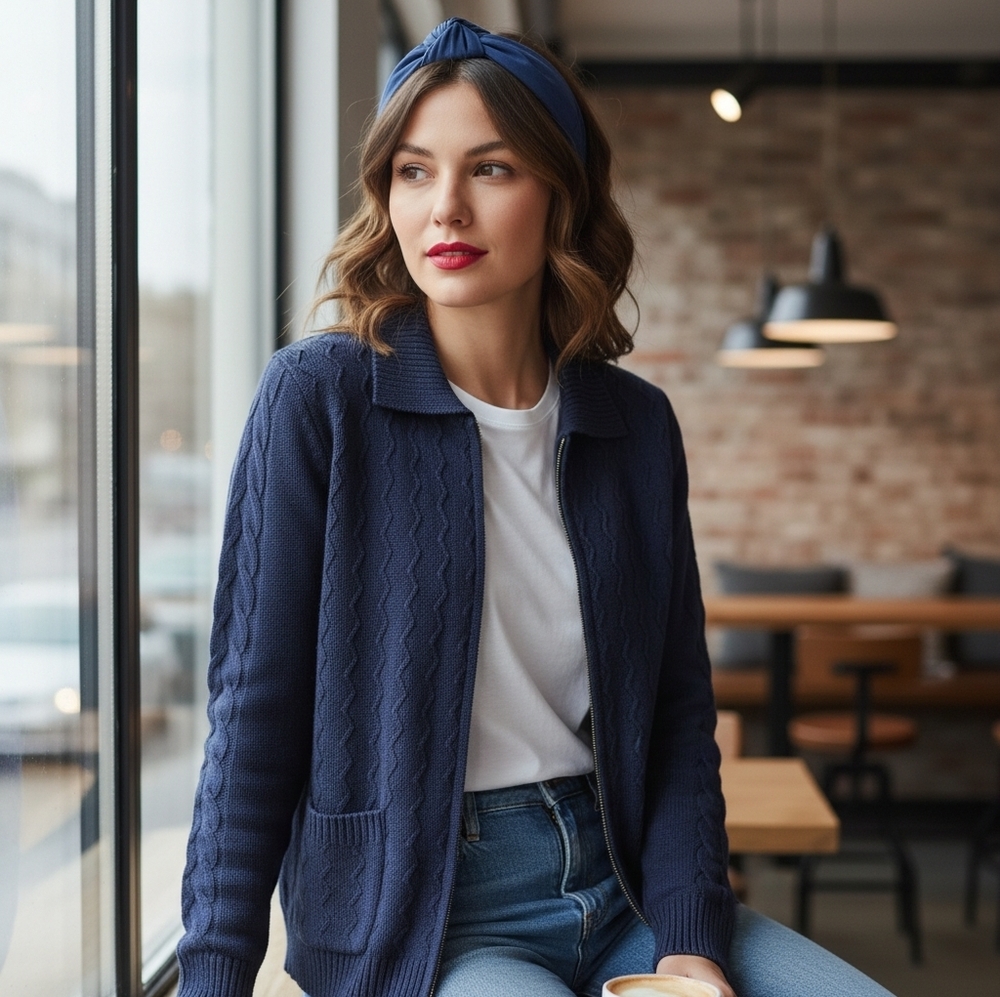 Allison Daley Blue Diamond Stitch Knit Full Zip Cardigan Jacket with Pockets
